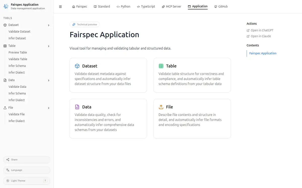 The Fairspec Application with dataset, table, data and file tools in the sidebar